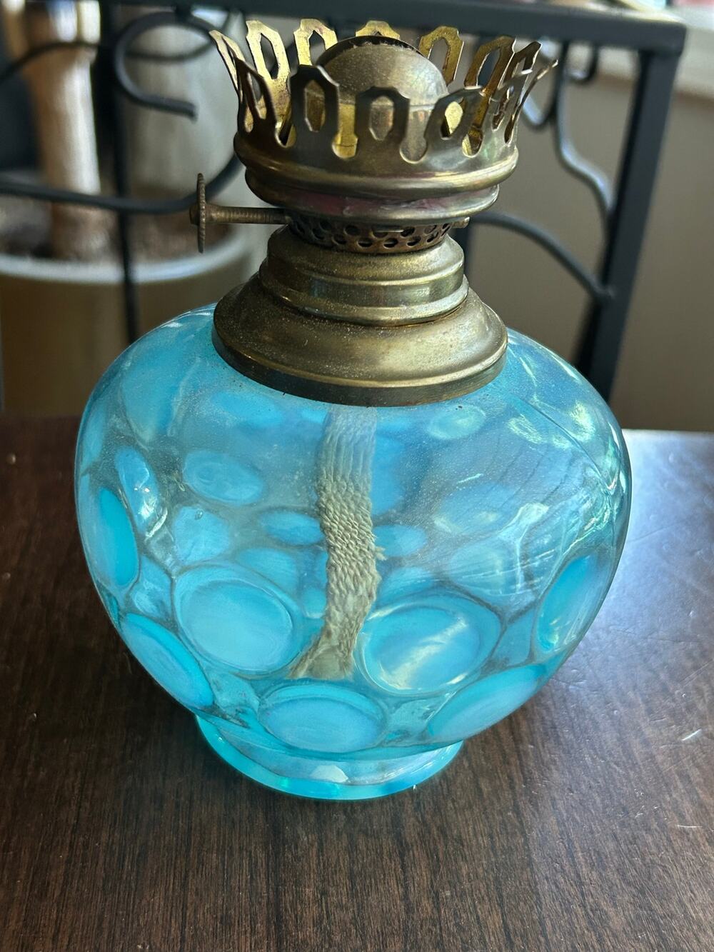 Antique Aqua Blue Opaline Coin Dot Oil Lamp